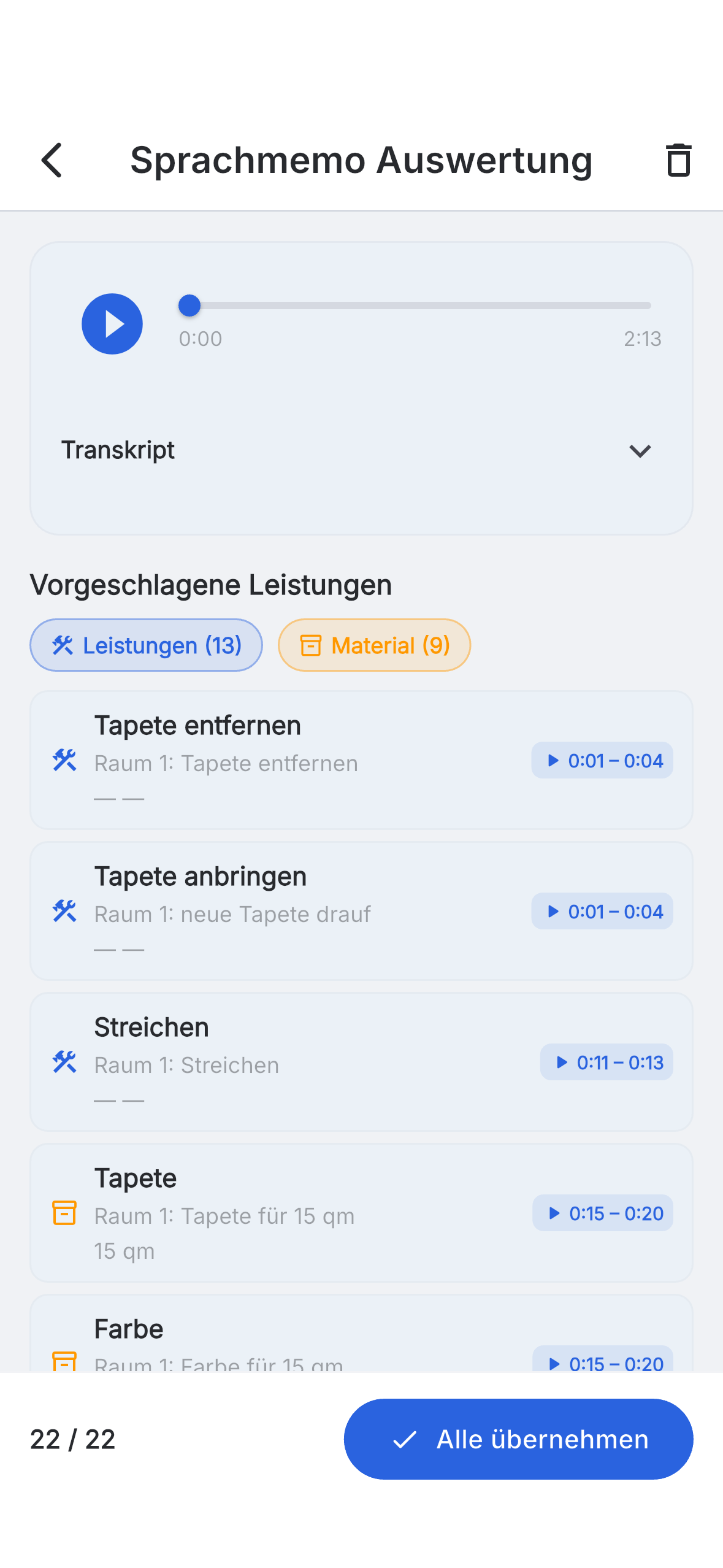 Leistung per Sprachmemo einsprechen